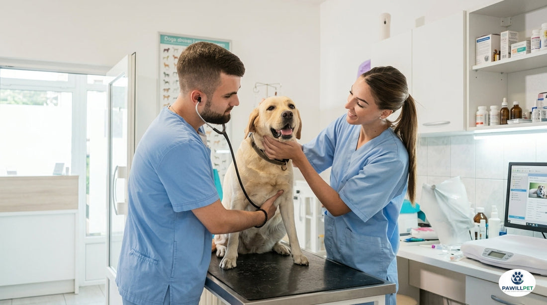 A friendly male veterinarian using a stethoscope to examine a healthy golden Labrador dog in a bright, modern veterinary clinic clinic layout.