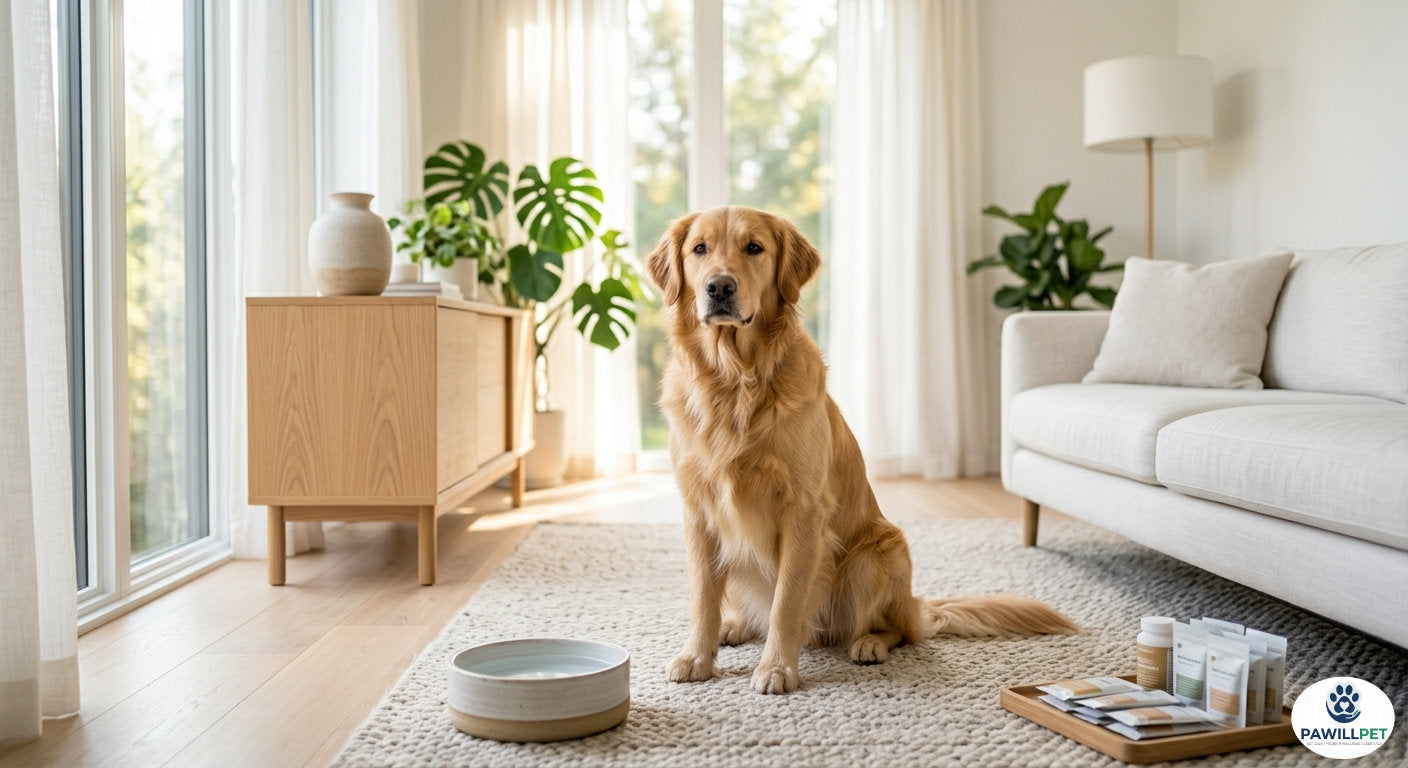 Calm dog sitting in a bright, modern living room.