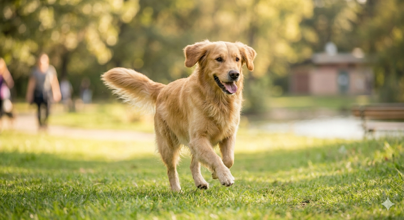 Happy Golden Retriever running through a sunlit park.
